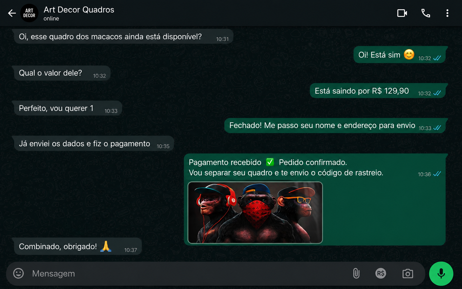 Venda de quadro metálico fechada pelo WhatsApp