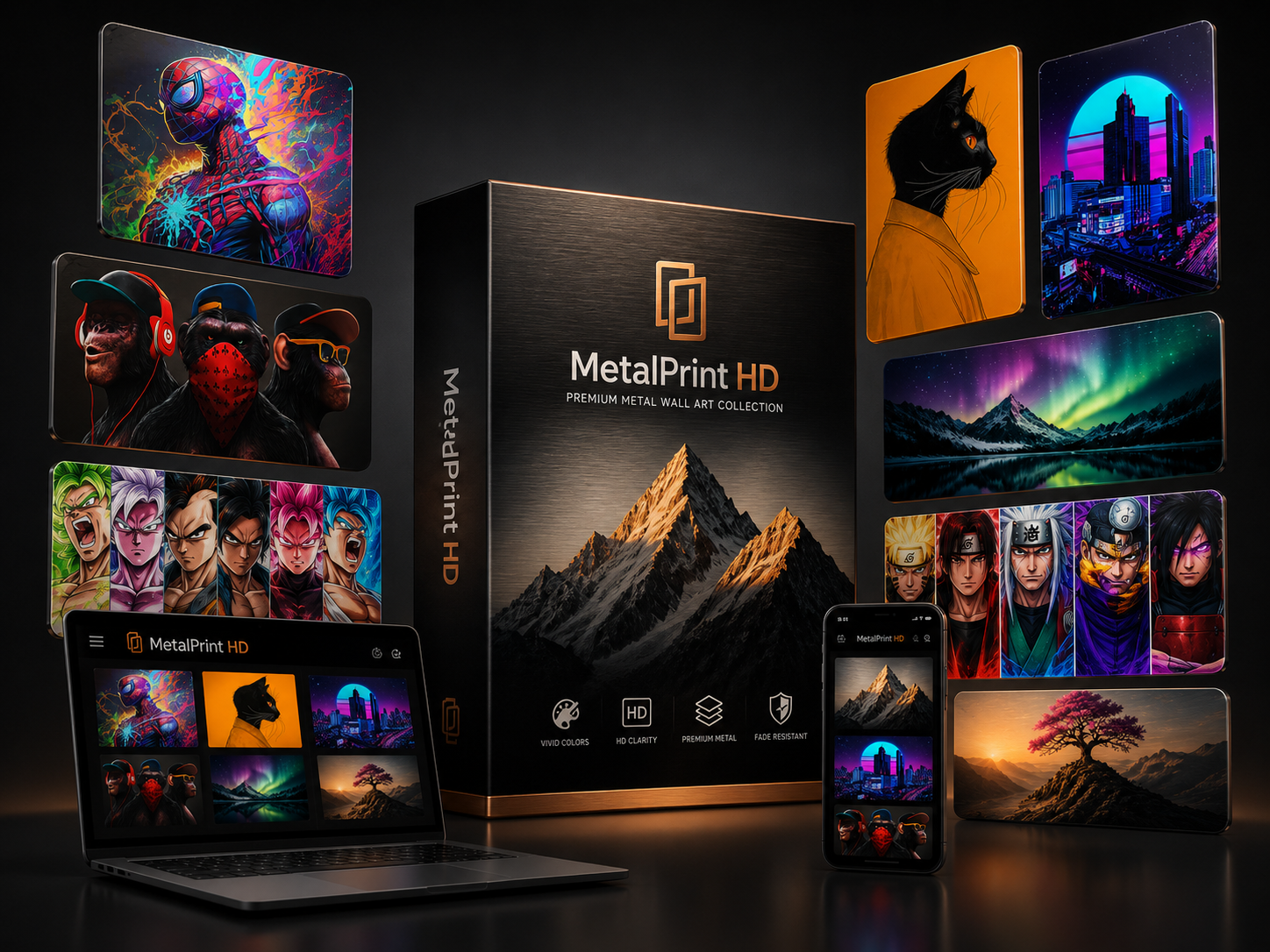 Mockup do Pacote MetalPrint HD com artes, notebook e celular