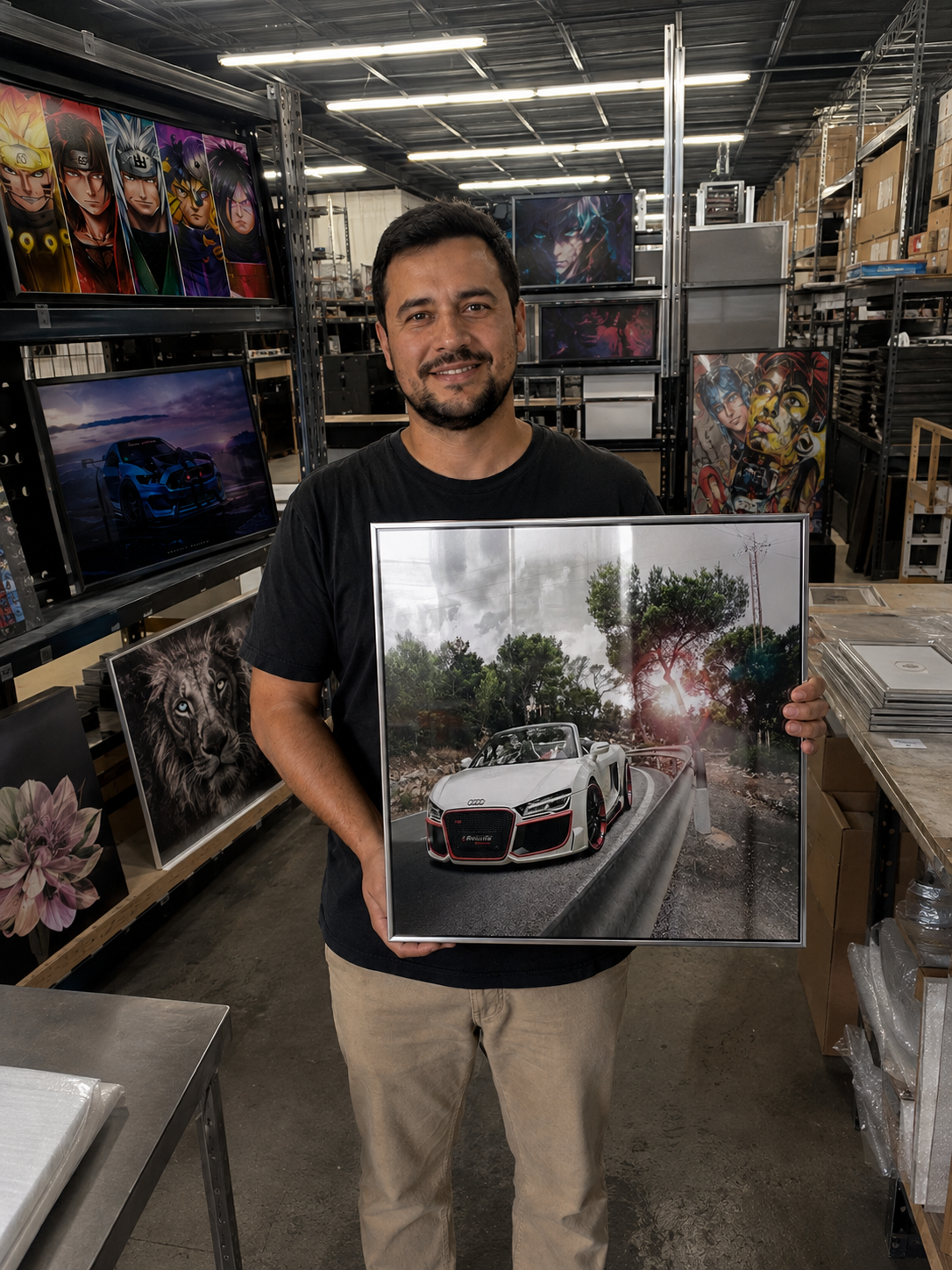 Criador do Pacote MetalPrint HD no ateliê segurando um quadro metálico
