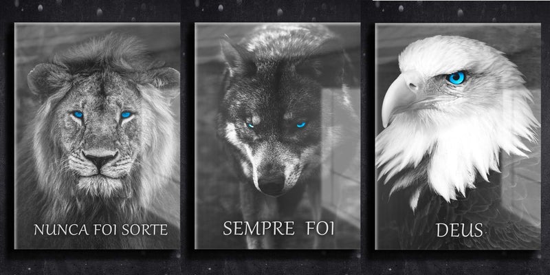 Quadro metálico — trio leão, lobo e águia