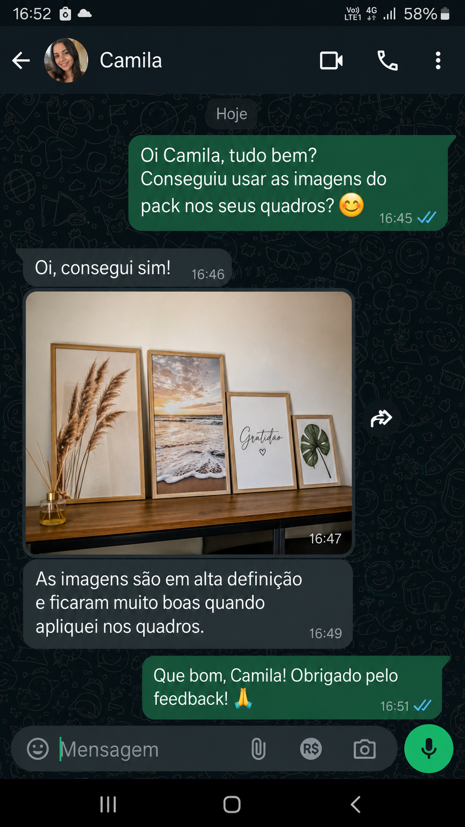 Print de conversa no WhatsApp com cliente Camila