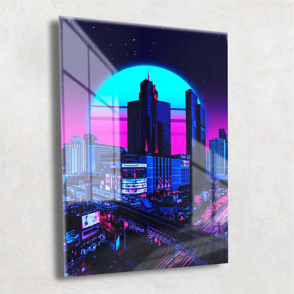 Quadro metálico — cidade neon retrô